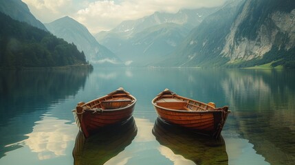  a couple of boats floating on top of a lake next to a lush green hillside covered in trees and a sky filled with fluffy white clouds and blue with puffy clouds.
