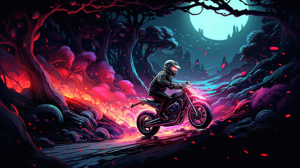 beautiful green forest views in the helmet goggles An adrenaline agent managing a neon bike in the style of Cyberpank, illuminating - obrazy, fototapety, plakaty
