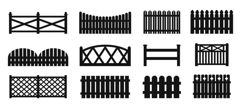 Black fence silhouettes. Fences and backyard gates. Isolated different fencing for house or ground protection. Farm, agriculture racy vector elements