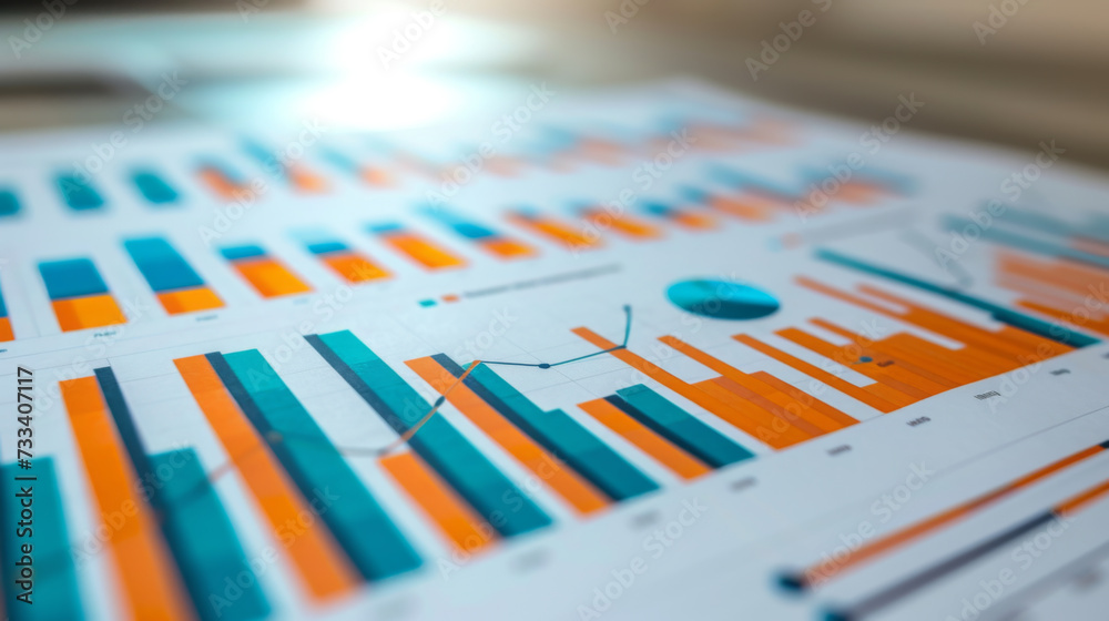 Poster close-up of printed data charts, including bar graphs, line graphs, and pie charts, representing sta