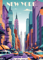 New York Travel Destination Poster in retro style. Urban city street vintage print. Traveling, vacation, holidays concept. Vector art colorful illustration.  - obrazy, fototapety, plakaty