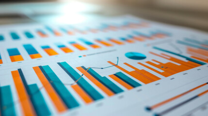 close-up of printed data charts, including bar graphs, line graphs, and pie charts, representing statistical analysis or business report findings.
