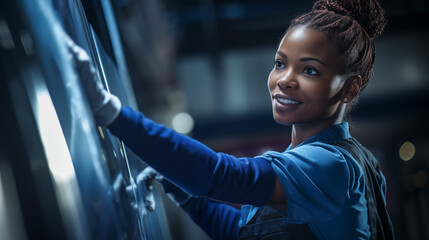 a scene of automotive expertise, a capable African female auto mechanic cleaner works alone, washing a vehicle with precision.