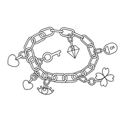 Bracelet chain with heart, diamond, key, lock and four leaf clover symbol. Sketch line vector illustration.
