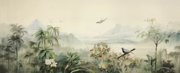 Fotobehang Watercolor pattern wallpaper. Painting of a jungle landscape with birds. © Simon