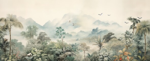 Watercolor pattern wallpaper. Painting of a jungle landscape with birds. - obrazy, fototapety, plakaty