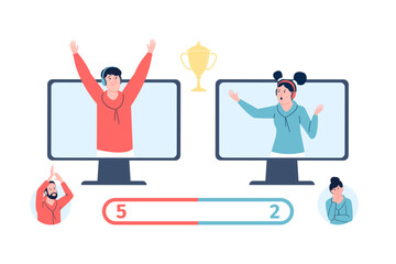 Cyber competition. Sport or game tournament in online. Modern digital hobby or occupation, professional gamers and trainers or fans, vector scene