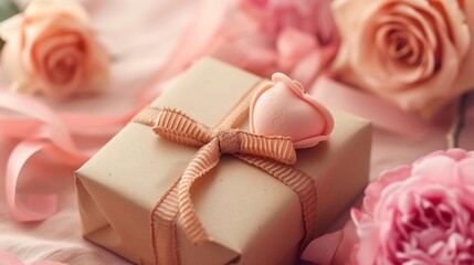  a gift wrapped in a brown paper with a bow and a heart on top of it next to a bouquet of pink roses and a pink peonie flower.