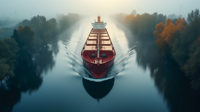 Aerial view of cargo ship moving on waterway in cloudy foggy weather.