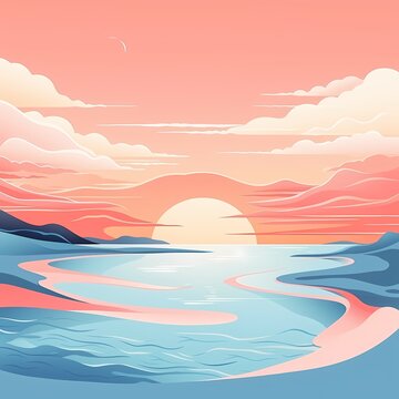 Serene Pastel-colored Sunset Landscape with Mountainous Horizon and Tranquil Water