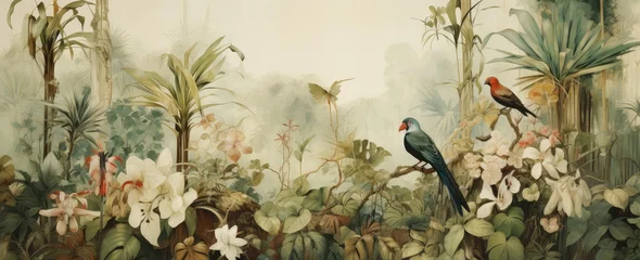 Tuinposter Watercolor pattern wallpaper. Painting of a jungle landscape with birds. © Simon