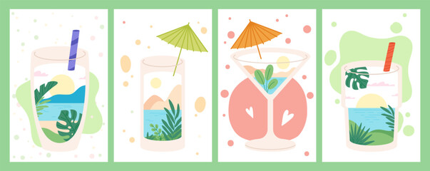 Summer cocktails posters. Abstract cards with glasses and various splashes and bubbles. Cocktail banner design, vector stylish backgrounds templates