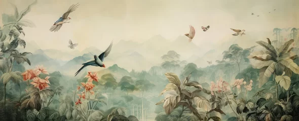 Gordijnen Watercolor pattern wallpaper. Painting of a jungle landscape with birds. © Simon