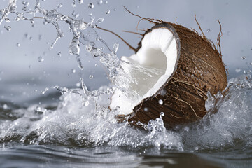 coconut with a hard shell and a white flesh and water inside cracked open - obrazy, fototapety, plakaty