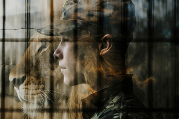 portrait of a zookeeper with a double exposure of a cage and a lion