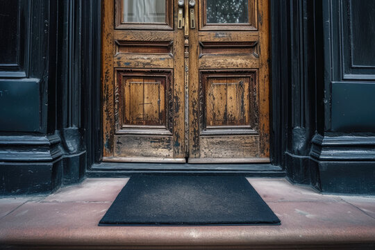 photo of a open and closed door with a welcome and a goodbye mat