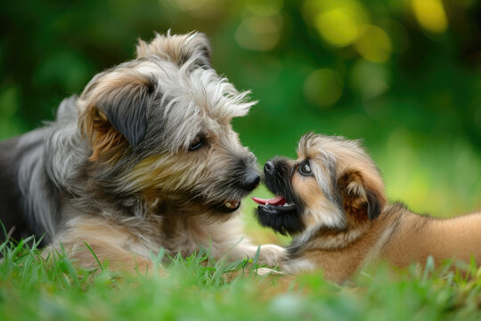 photo of a big and small dog playing together