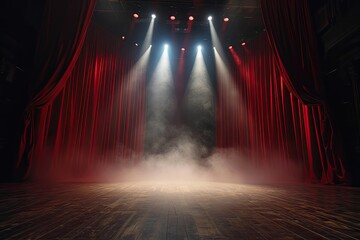 Empty theater stage with thick red curtains and spotlights.