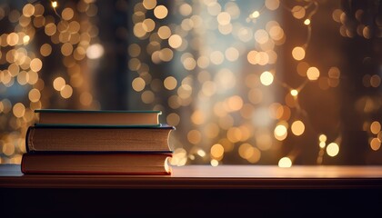 Open book on wooden table in front of bokeh lights background - Powered by Adobe