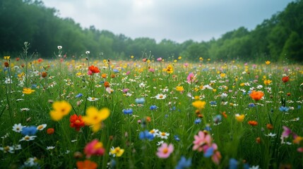 A tranquil meadow awash with wildflowers, each bloom a burst of color against a backdrop of lush greenery