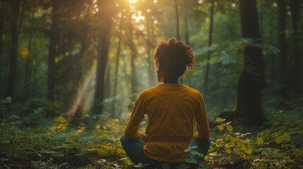A woman practicing mindfulness and deep breathing in a peaceful forest setting