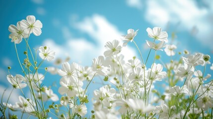  a field of white flowers with a blue sky in the background with clouds in the middle of the picture and a green stem in the middle of the foreground.