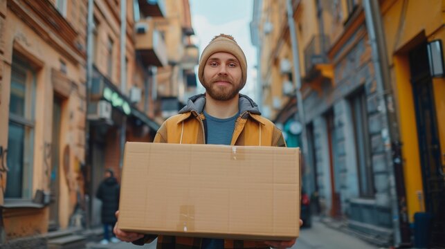 A young guy, a loader, is carrying a large cardboard box in his hands