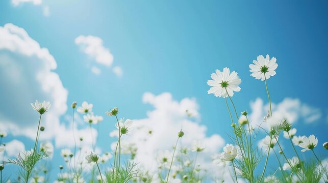  a field full of white flowers under a blue sky with a few clouds in the middle of the picture and a few green stems in the middle of the foreground.