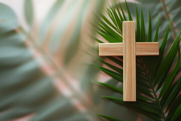 Palm Sunday background Wooden cross and palm leaves lying on neutral background with copy space for text. Christianity, faith, religious, Holy Week concept