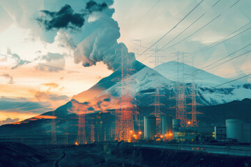 double exposure image of a geothermal power plant and a volcano.