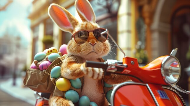 Cool Easter bunny with sunglasses and Easter eggs in his backpack on a motorbike.