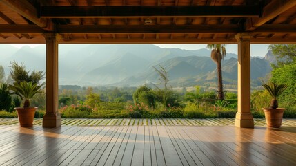 A tranquil yoga retreat, with open-air pavilions, lush gardens, and panoramic views of the surrounding mountains