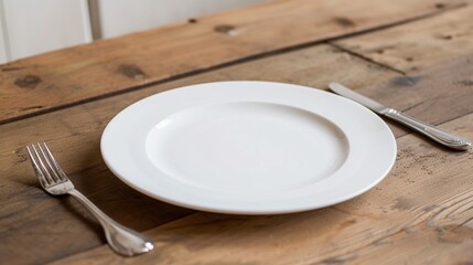 Round white plate on table