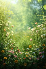 A tranquil meadow awash with wildflowers, each bloom a burst of color against a backdrop of lush greenery