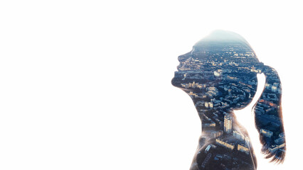 Freedom mind. City dream. Megalopolis life. Double exposure of sensual woman head shape profile silhouette with town houses buildings view isolated on white background empty space.