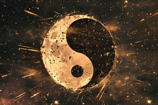 double exposure image of a Yin-Yang symbol filled with a meteor shower.