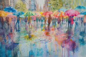 watercolor painting of a spring shower. People are seen walking under colorful umbrellas - obrazy, fototapety, plakaty