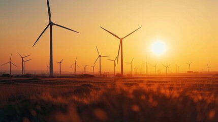 Obraz premium Witness the tranquil beauty of wind turbines as they twirl gracefully amidst a radiant sunset, creating a captivating and serene landscape.