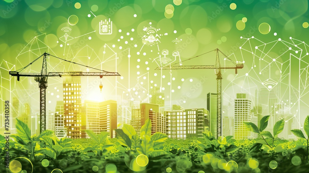 Wall mural witness the dynamic tableau of a bustling cityscape, featuring a vast array of buildings and cranes 