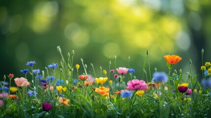 A tranquil meadow awash with wildflowers, each bloom a burst of color against a backdrop of lush greenery