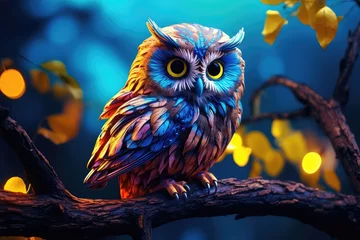 Rolgordijnen A colorful owl with a yellow eye and blue eyes sits on a branch © Rehman