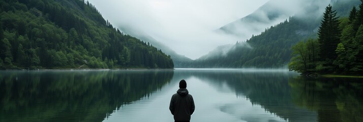 a man stands at the edge of a calm lake and looks to the mountains - obrazy, fototapety, plakaty