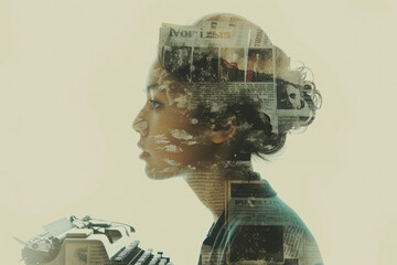 portrait of a journalist with a double exposure of a newspaper and a typewriter