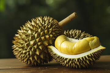 durian with a spiky skin and a yellow flesh with a strong smell cut in half