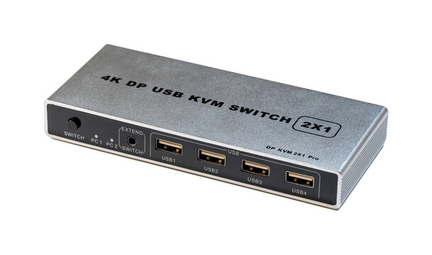 4K HD USB KVM switch device with multiple ports, designed for connecting and controlling two computers with a single monitor, keyboard, video, and mouse setup, object isolated on a white background