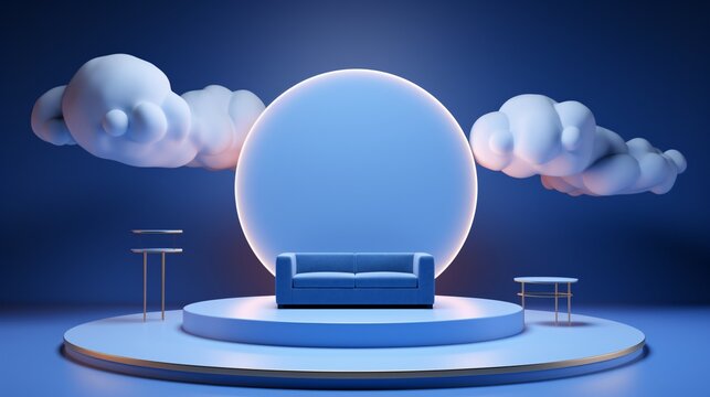 A Blue Stage With A Couch And Round Objects