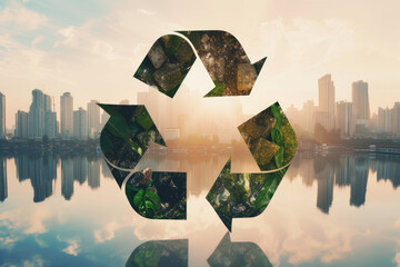 double exposure image of a recycling symbol and a cityscape. - obrazy, fototapety, plakaty