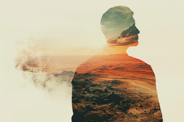 double exposure image of a man's silhouette filled with a desert landscape.
