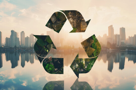 double exposure image of a recycling symbol and a cityscape.