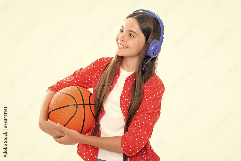 Sticker young teenage child girl basketball player standing on white background.